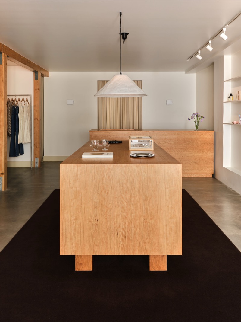 Cherry counter, table, and bench built by Flatow Furniture in the Sommer shop in Hayes Valley, San Francisco
